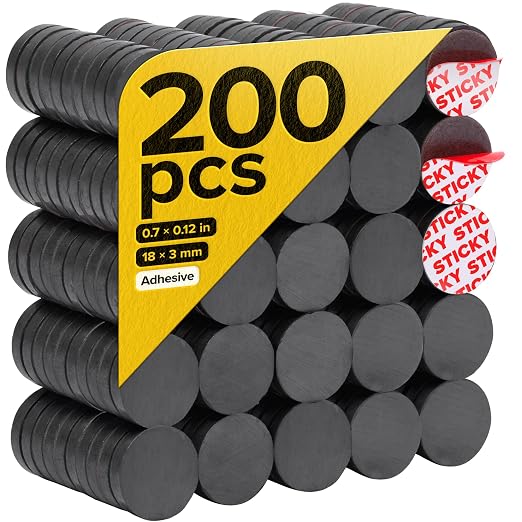 Strong Ceramic Round Magnets with Adhesive Backing (0.7x0.12/18x3mm, 200 pcs) - Heavy Duty Sticky Magnets, Non-Corrosive, Versatile for Home, Office, Workshop, Whiteboard, Fridge and Hobby Use