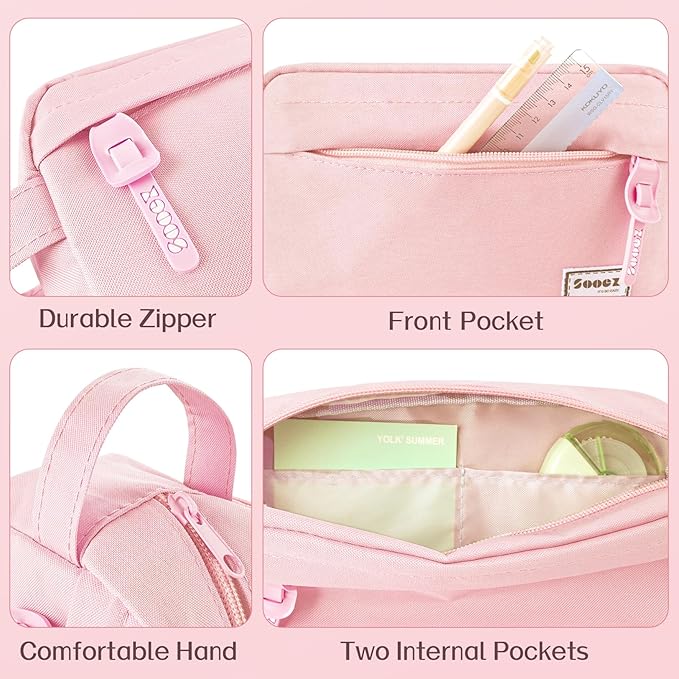 Sooez Original High Capacity Pencil Case, Big Pencil Bag Pouch Box Organizer Pen Case, Aesthetic Supply for Girls Adults, Portable Journaling Supplies with Easy Grip Handle & Loop, Pink