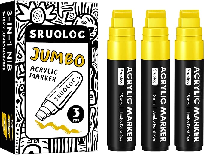 SRUOLOC 3 Jumbo Permanent Markers Yellow, 15mm Thick Wide Tip, Large Acrylic Paint Markers for Rock Painting, Poster, Graffiti, Stone, Ceramic, Glass, Wood, Canvas