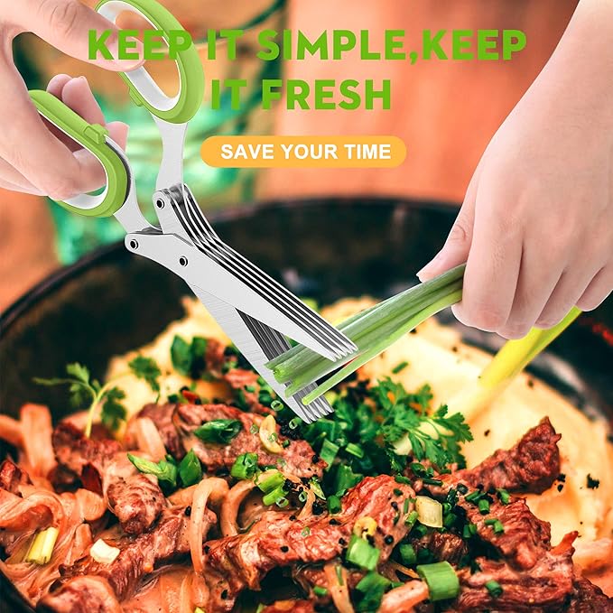 Herb Scissors with 5 Blades and Cover, Kitchen Herb Cutter with Cleaning Comb, Stainless Steel Multi Blade Herb Shears for Basil Parsley Cilantro, Easy Clean Cooking Tool, Unique Kitchen Gadgets Gift