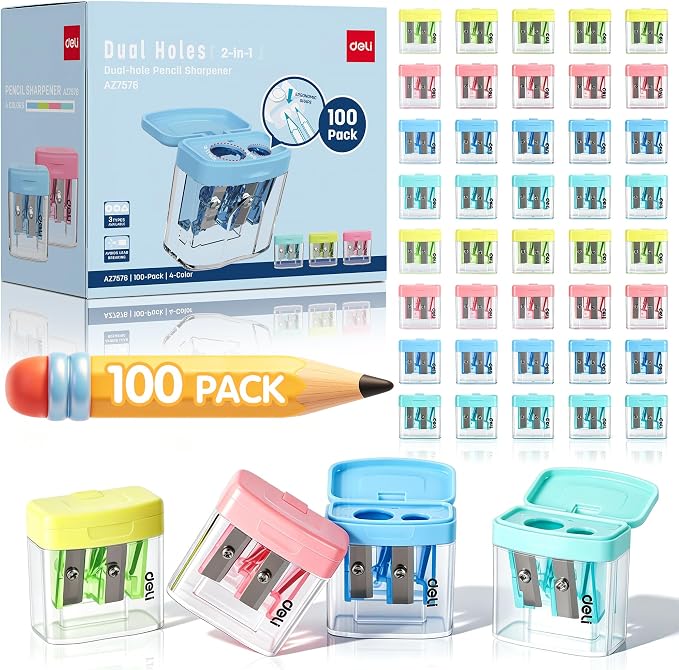 Deli Pencil Sharpener, 100 Pack Pencil Sharpeners Manual, Dual Holes Compact Colored Handheld Pencil Sharpener with Lid for Kids, School, Office