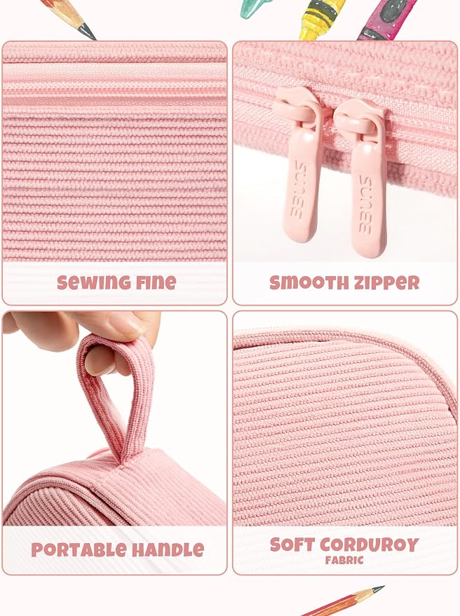 SUNEE Cute Pencil Case, Large Pencil Pouch, Aesthetic Big Pencil Bag with Zipper, Kawaii Stationery Storage and Organizer, Soft Corduroy Bag School Supplies for Teen and Adult, Boys&Girls, Soft Pink