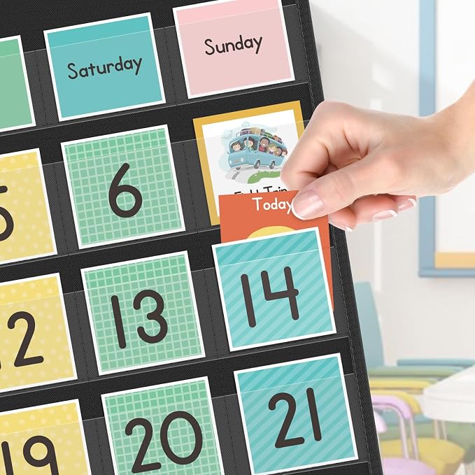 Eamay Rainbow Colorful Calendar Pocket Chart for Kids,Preschool Kindergarten Classroom Elementary Must Haves,Classroom Decorations Decor,Homeschool Teacher Supplies,Back to School Supplies