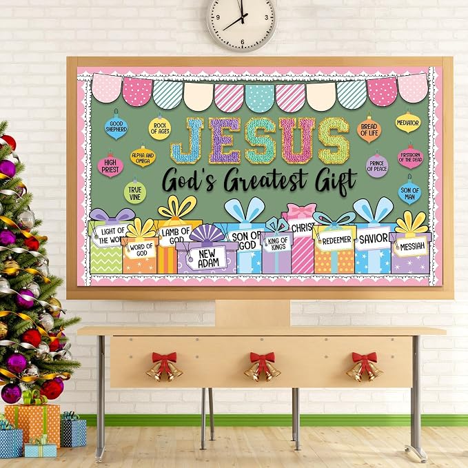 Christmas Bulletin Board Decorations Set Jesus God's Greatest Gift Christmas Classroom Bulletin Board Decor Religious Christian Xmas Ball Gift Boxes Cutouts for Holiday Church Sunday School Door Wall