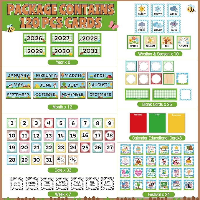 Sinload Classroom Calendar Pocket Chart Set Calendar Bulletin Board Set Seasons Festival Weather Pocket Chart for Classroom Decoration Back to School Supplies(Farm,Red)