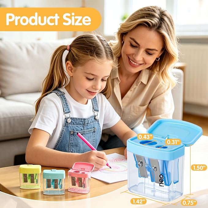 Deli Pencil Sharpener, 100 Pack Pencil Sharpeners Manual, Dual Holes Compact Colored Handheld Pencil Sharpener with Lid for Kids, School, Office