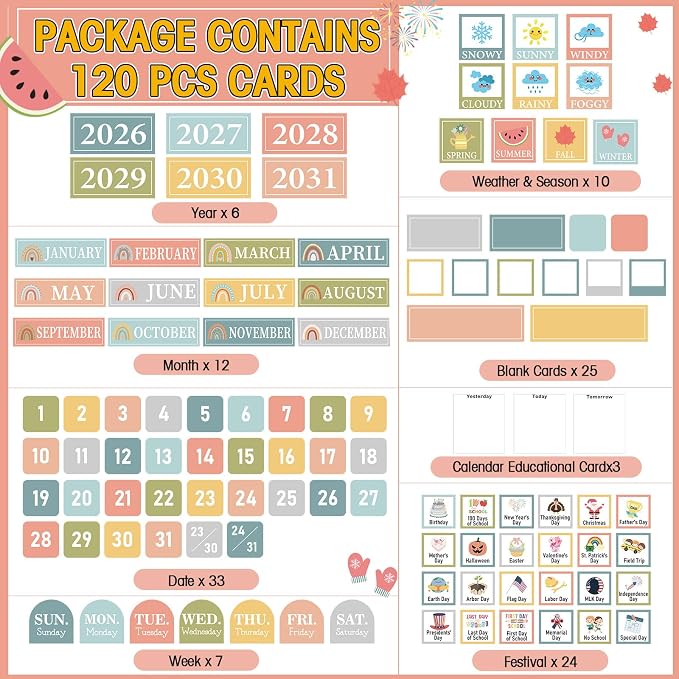 Sinload Classroom Calendar Pocket Chart Set Calendar Bulletin Board Set Seasons Festival Weather Pocket Chart for Classroom Decoration Back to School Supplies(Muted Boho,Muted)