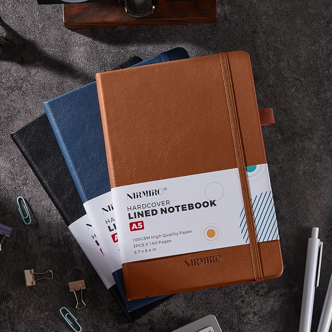 Lined Journal Notebook, with Pen, Leather Hardcover, A5 (5.7"x8.4"), 3 Pack, for Women Men, Work, Writing, Travel