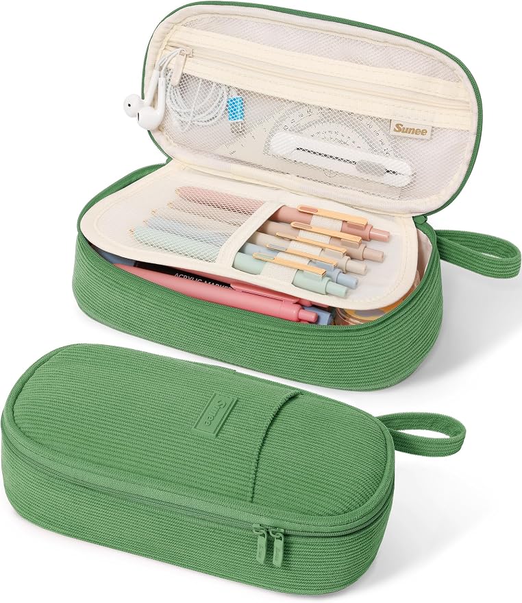 SUNEE Cute Pencil Case, Large Pencil Pouch, Soft Corduroy Fabric Big Pencil Bag with Zipper, Kawaii Pen Bag Stationery Storage and Organizer, School Supplies for Teen, Student, Boys, Girls, Soft Green