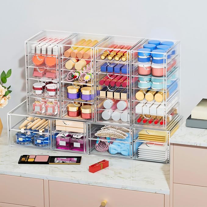 caktraie Makeup Organizer Storage With 30 Drawers, 6 Pcs Desktop Office Supplies, Desk Organizers, Clear Accessories, Dustproof Drawer and for Make Up, Jewelry, Pen, Stationary