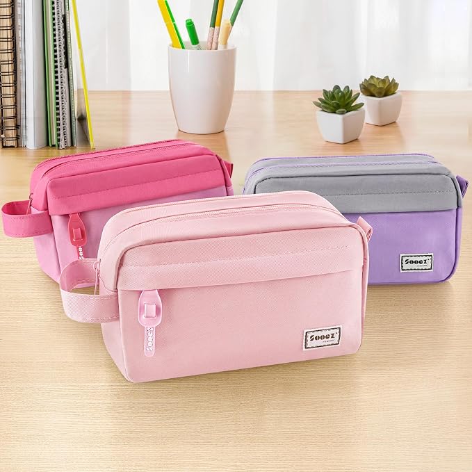 Sooez Original High Capacity Pencil Case, Big Pencil Bag Pouch Box Organizer Pen Case, Aesthetic Supply for Girls Adults, Portable Journaling Supplies with Easy Grip Handle & Loop, Pink