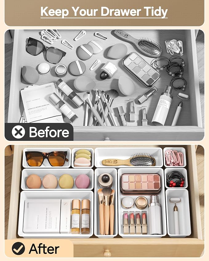 KEMETHY 25 PCS Plastic Drawer Organizers Set, 4 Sizes Vanity Organizer, Makeup and Desk Drawer Organizer Trays, Organization and Storage for Makeup, Bathroom, Kitchen Utensils and Office (White)