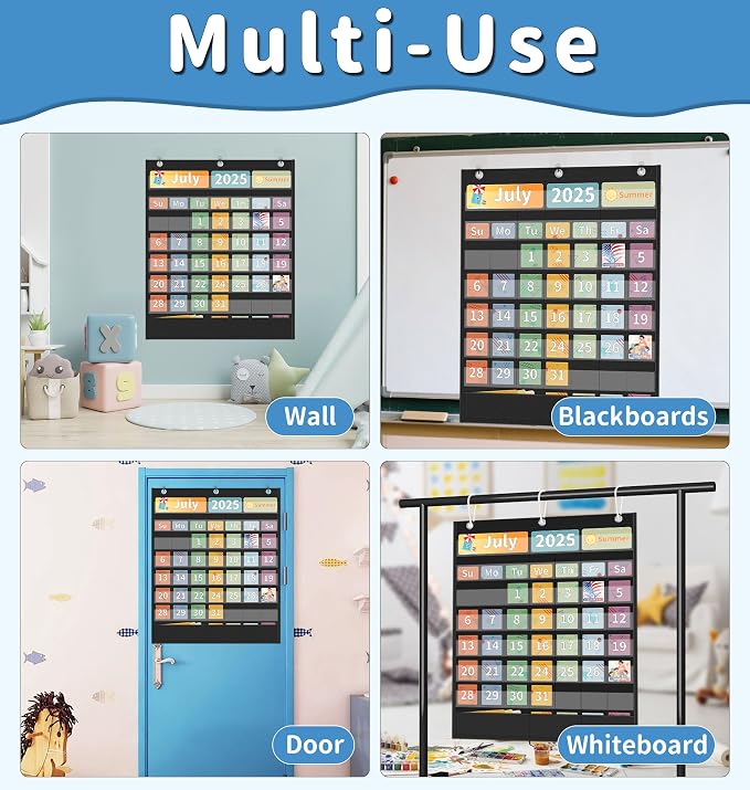 Yoink 48 Pockets Classroom Calendar Pocket Chart for Kids Learning - Monthly Calendar with Durable Fabric, Homeschool and Teacher Supplies, Preschool Kindergarten Wall Decor, Only Chart (Black)