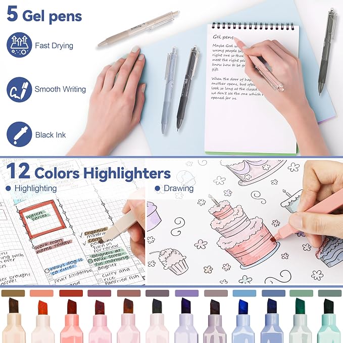 DazSpirit 61 PCS Aesthetic School Supplies Set with Cute Pencil Case, Pastel No Bleed Highlighters, Gel Pens, Erasable Pens, Mechanical Pencils, Refills, Sticky Notes, Complete Stationery Kit