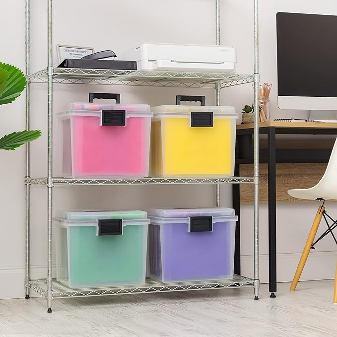 IRIS USA File Box WeatherPro Portable File Organizer Plastic File Box for Letter File w/Organizer-Lid, Durable Lid and Gasket Seal, Secure Latching Buckles, Stackable, Lockable, Clear 19 Qt. 4 Pack