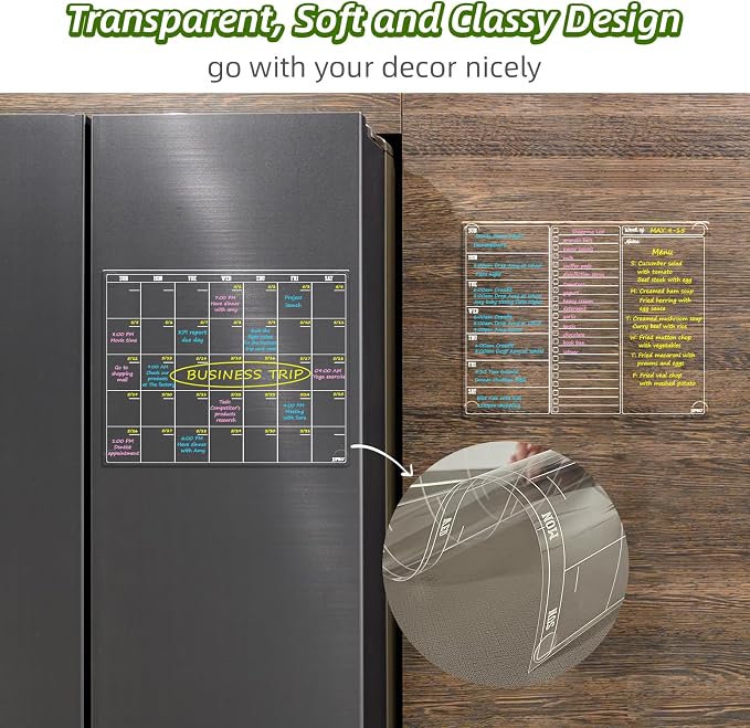 JJPRO Non-Magnetic Dry Erase Calendar for Fridge, Monthly Calendar, Weekly Planning Board Bundle for All Smooth Surfaces. Clear Reusable Calendar Stick to Fridge,Cabinet,Door&Glass