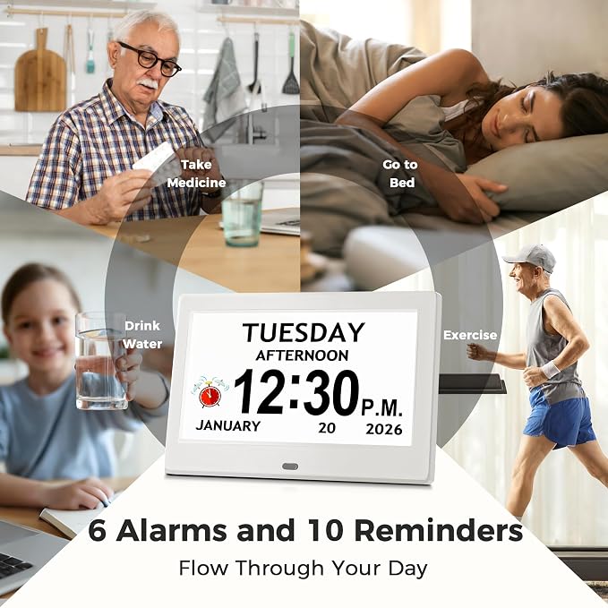 7'' Digital Clock, Dementia Clock With Date And Time, 10 Reminders, 6 Alarms, Auto-Dimming, Auto DST, Remote Control, Large Display Alarm Clock For Seniors, Gifts For People With Dementia, White