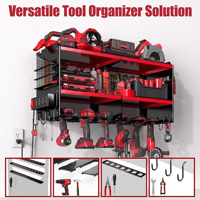 Spampur Fathers Day Gift – Power Tool Organizer Wall Mount with Charging Station, 420 lb Capacity 3-Tier Storage Rack Holds 6 Drills, Side Slots for Screwdrivers & Bits, Garage Storage for Men Gifts | Max 420lb Load by Heavy Duty Metal, 6 Slots for Cor...