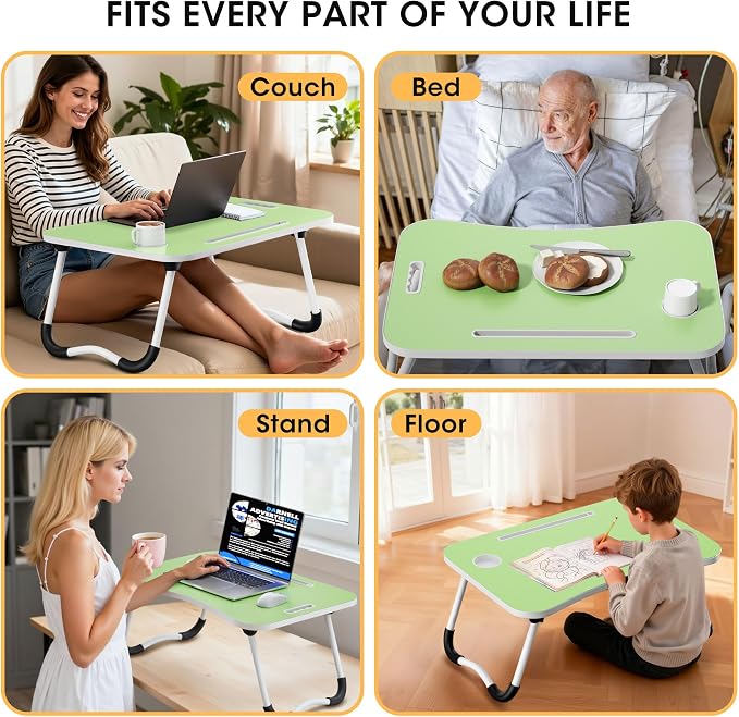 Folding Lap Desk, 23.6 Inch Wood Laptop Bed Desk with Cup Holder, Portable Bed Table for Working Writing Reading & Eating for Bed, Sofa, Couch, Floor - Green