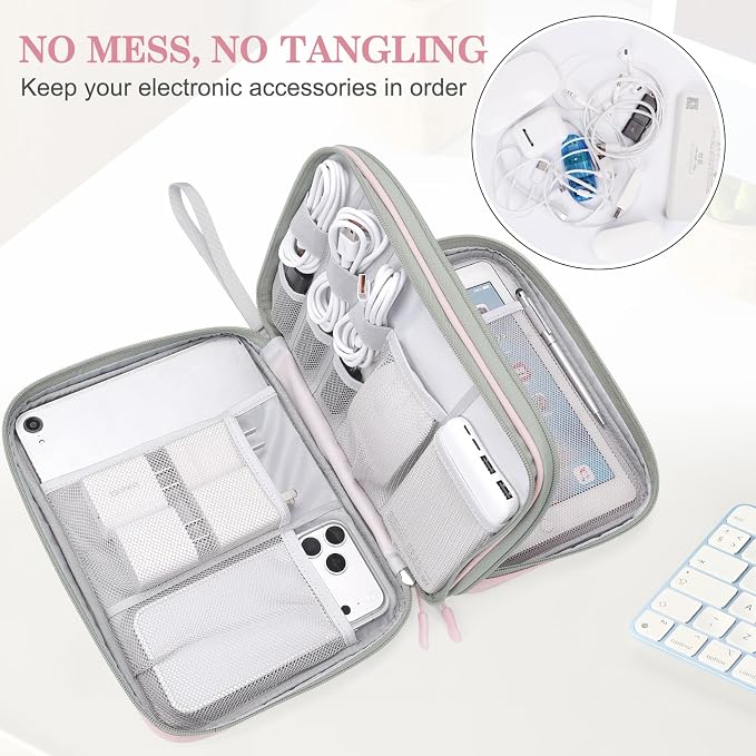 FYY Electronic Organizer, Extra Large Travel Cable Organizer Bag Pouch Portable Waterproof Double Layers All-in-One Storage Bag for iPad, Cable, Power Bank, Laptop Charger for Office/Home, Light Pink