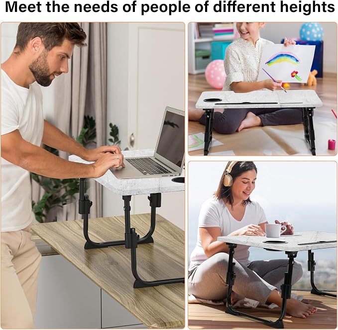 Lap Desk for Bed, Adjustable Laptop Desk with USB Charging Port, Storage Drawer & Bookshelf — Foldable Bed Desk for WFH & Students, 23.6" Desktop Fits 19" Laptop, Non-Slip, Light Stone Texture