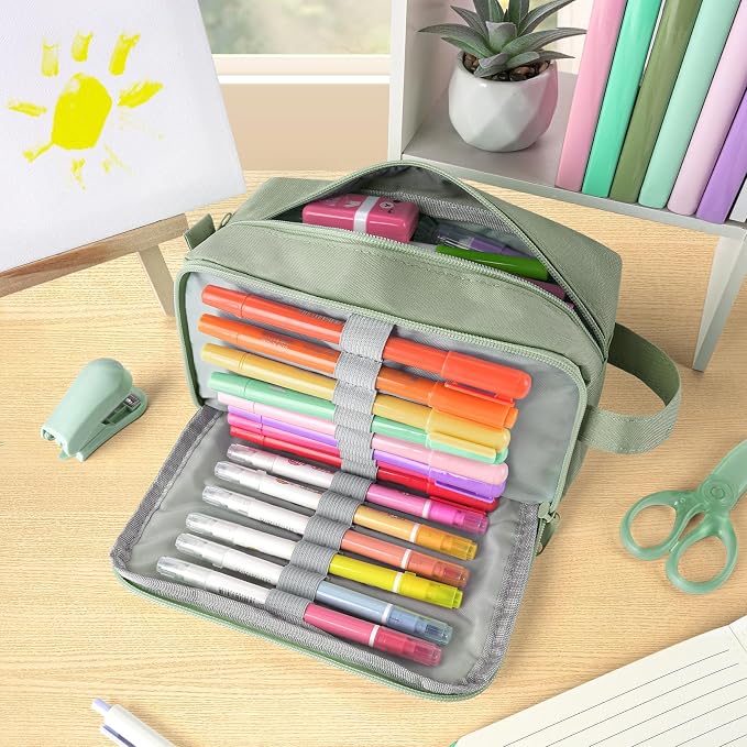 Sooez Original High Capacity Pencil Case, Big Pencil Bag Pouch Box Organizer Pen Case, Aesthetic Supply for Girls Adults, Portable Journaling Supplies with Easy Grip Handle & Loop, Olive Green