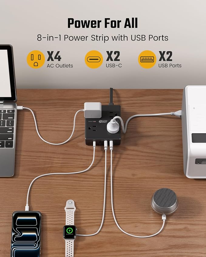 SUPERDANNY Flat Plug Power Strip Surge Protector 10 Ft Long Flat Extension Cord with 4 Outlets & 4 USB (2 USB-C) Charging Station for Home Office, College Dorm Room Essentials, Travel, Black