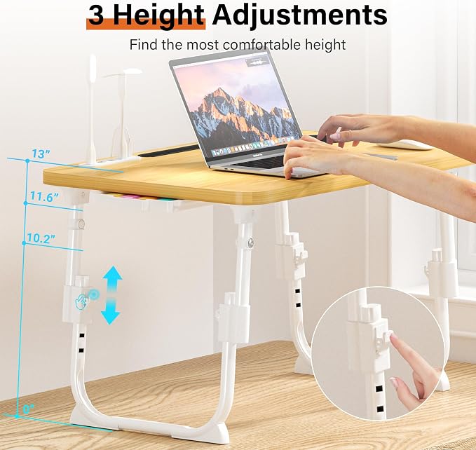 Lap Desk for Bed, Adjustable Laptop Desk with USB Charging Port, Storage Drawer & Bookshelf — Foldable Bed Desk for WFH & Students, 23.6" Desktop Fits 22" Laptop, Non-Slip, Wood
