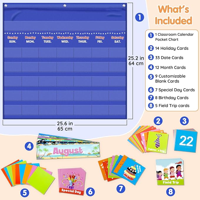 Classroom Calendar Pocket Chart with 88 Cards - Ideal for Homeschool, Classroom & Office, Durable Nylon Wall Hanging Calendar for Early Learning (Blue)