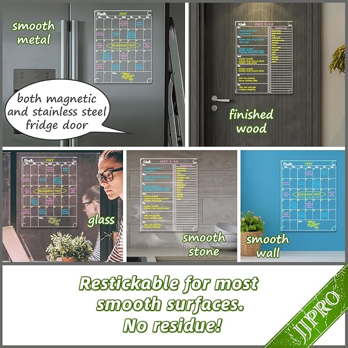JJPRO Non-Magnetic Dry Erase Calendar for Fridge-Reusable Monthly&Weekly Planning Board and Blank Clear Board Bundle for All Smooth Surfaces. Clear Reusable Board Sticks to Fridge,Wall,Door&Glass