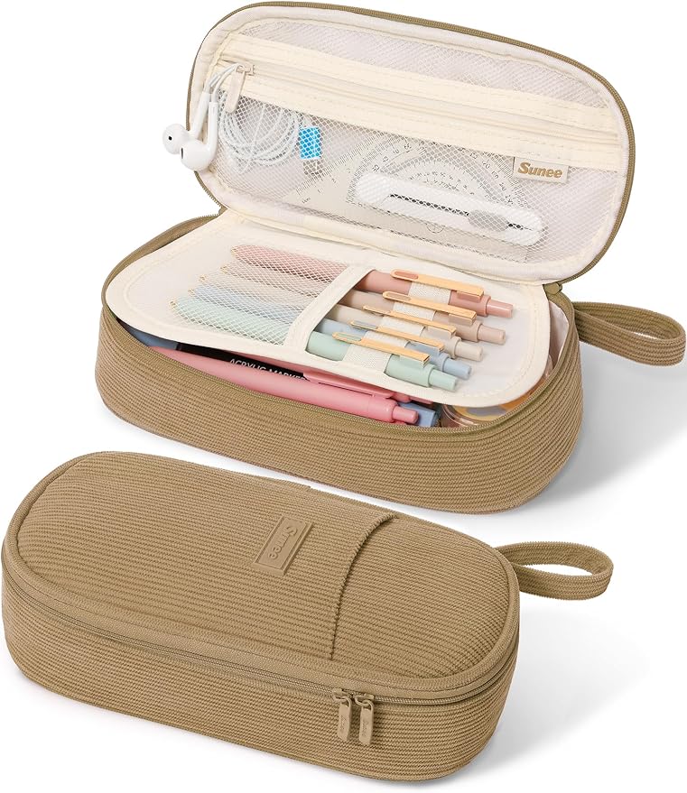 SUNEE Cute Pencil Case, Large Pencil Pouch, Soft Corduroy Fabric Big Pencil Bag with Zipper, Kawaii Pen Bag Stationery Storage and Organizer, School Supplies for Teen, Student, Boys, Girls, Khaki