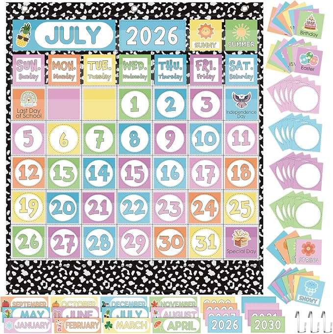 Sinload Classroom Calendar Pocket Chart Set Calendar Bulletin Board Set Seasons Festival Weather Pocket Chart for Classroom Decoration Back to School Supplies(Classic,Black White)