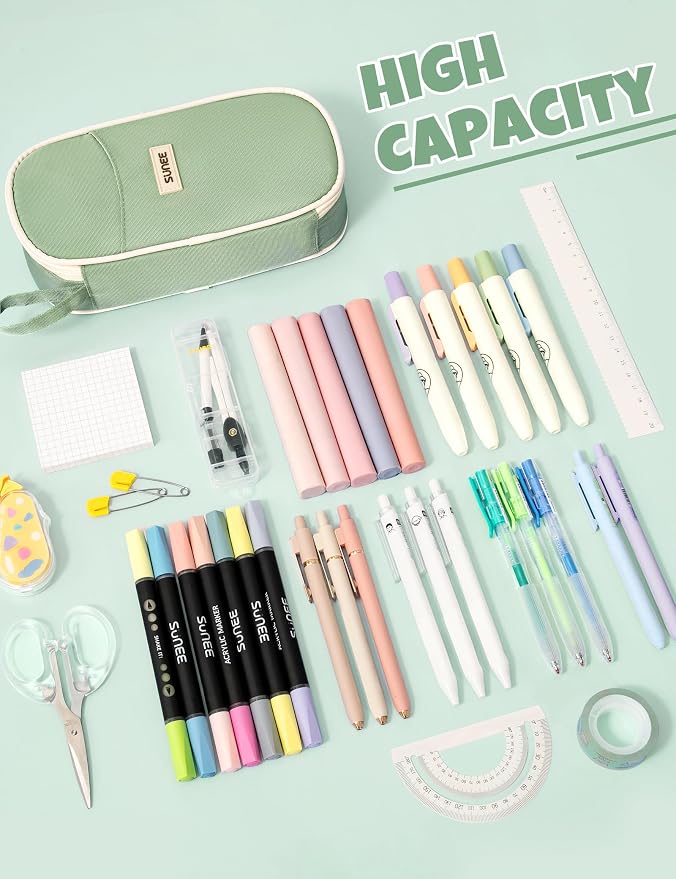 SUNEE Cute Pencil Case, Large Pencil Pouch, Aesthetic Big Pencil Bag with Zipper, Kawaii Stationery Storage and Organizer, School Supplies for Boys and Girls Teen, Heavy Duty Oxford Canvas, Sage Green