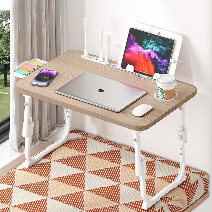 Lap Desk for Bed, Adjustable Laptop Desk with USB Charging Port, Storage Drawer & Bookshelf — Foldable Bed Desk for WFH & Students, 23.6" Desktop Fits 18" Laptop, Non-Slip, Glacier