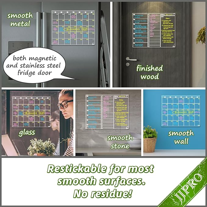 JJPRO Non-Magnetic Dry Erase Calendar for Fridge, Monthly Calendar, Weekly Planning Board Bundle for All Smooth Surfaces. Clear Reusable Calendar Stick to Fridge,Cabinet,Door&Glass