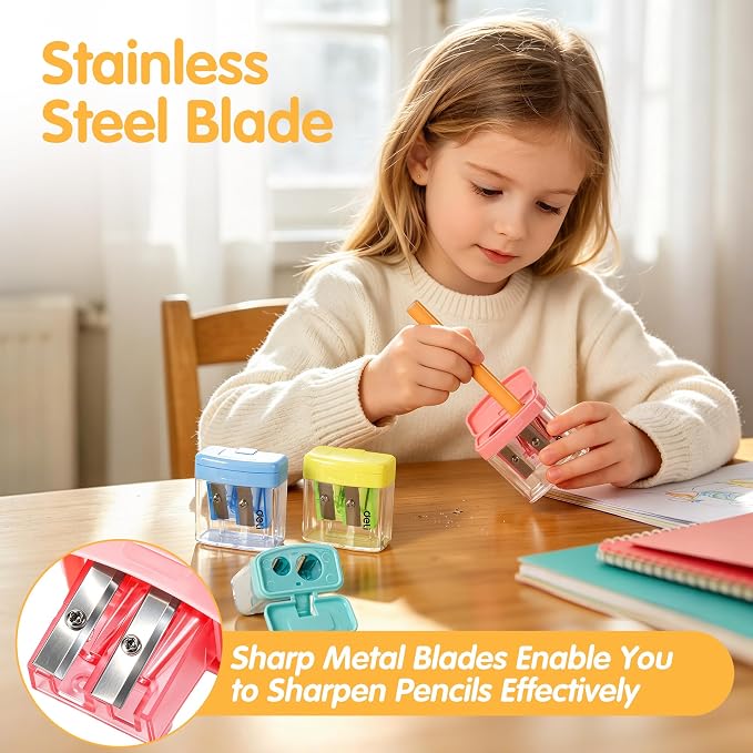 Deli Pencil Sharpener, 100 Pack Pencil Sharpeners Manual, Dual Holes Compact Colored Handheld Pencil Sharpener with Lid for Kids, School, Office
