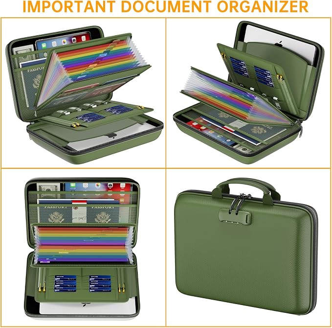 DocSafe Fireproof File Organizer with Lock, Hard-Shell Case Fireproof Document Box with 13 Pocket Accordion File Folder, Portable Home Office Travel Safe Storage for Important Documents Laptop Green