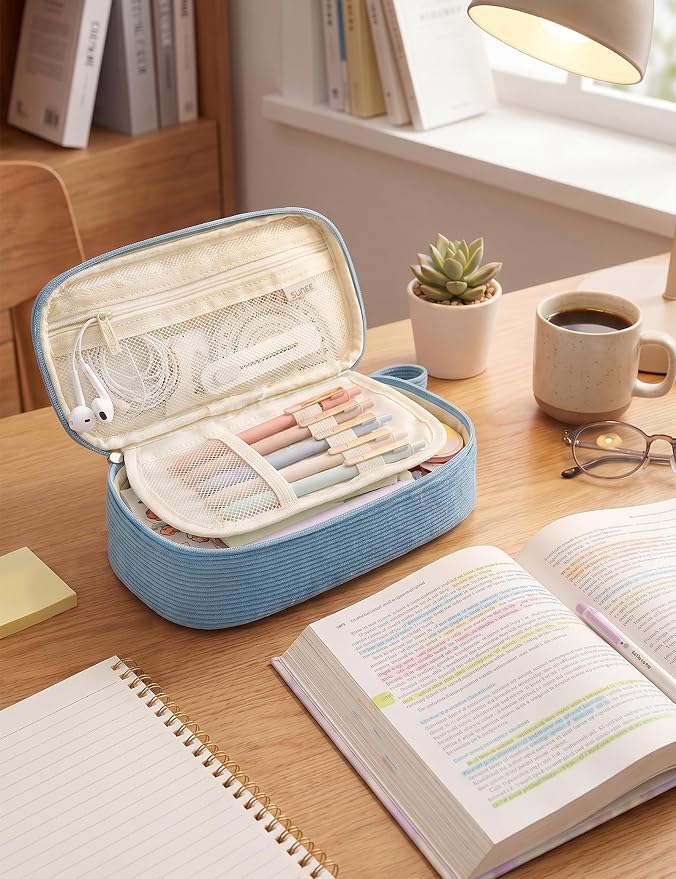 SUNEE Cute Pencil Case, Large Pencil Pouch, Aesthetic Big Pencil Bag with Zipper, Kawaii Stationery Storage and Organizer, School Supplies for Teen and Adult, Boys&Girls, Soft Corduroy Grey Blue