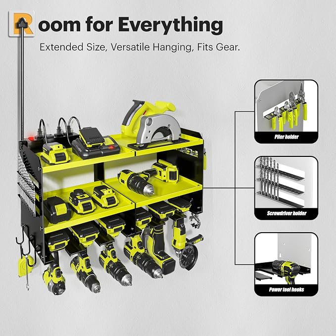 Spampur Power Tool Organizer, 15 Min Quick Assembly & Max 420lb Load by Heavy Duty Metal, 6 Slots for Cordless Drill with 4 Outlet Power Strip in Garage/Workshop/Suitable for Thanksgiving/Christmas | Max 420lb Load by Heavy Duty Metal, 6 Slots for Cord...