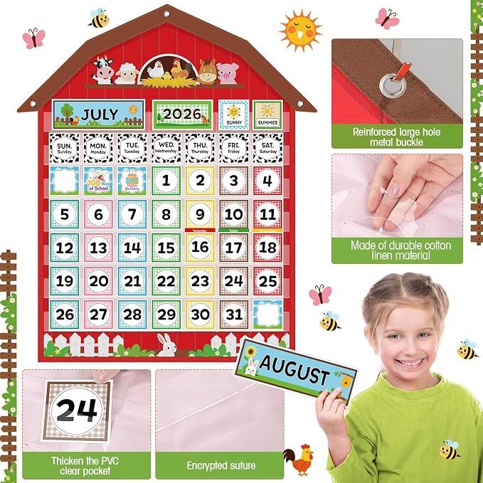 Sinload Classroom Calendar Pocket Chart Set Calendar Bulletin Board Set Seasons Festival Weather Pocket Chart for Classroom Decoration Back to School Supplies(Farm,Red)