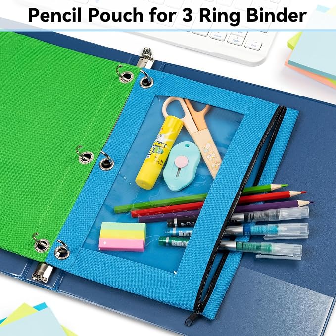 Pencil Pouch for 3 Ring Binder, Bulk 36 Pack 3-Holes Zipper Pencil Pouches in Assorted Colors, Sturdy and Durable Cloth Pencil Holder with Clear Window for Office School College Supplies (36)