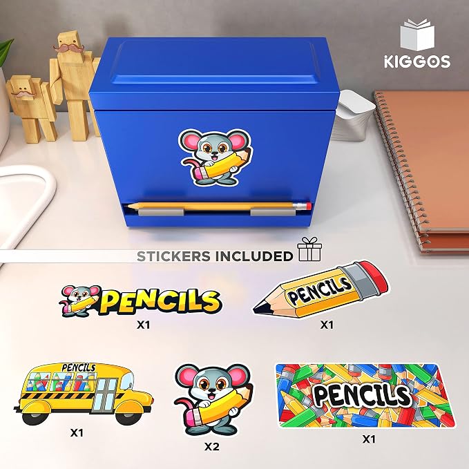 Pencil Holder Blue Stainless Steel Dispenser with 6 Beautiful stickers for Decoration Metal Pencil Dispenser for Classroom Home Office Teachers Students (Pencils Not Included)