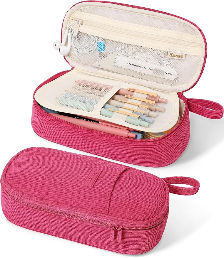 SUNEE Cute Pencil Case, Large Pencil Pouch, Soft Corduroy Fabric Big Pencil Bag with Zipper, Kawaii Pen Bag Stationery Storage and Organizer, School Supplies for Teen, Student, Boys, Girls, Berry Pink