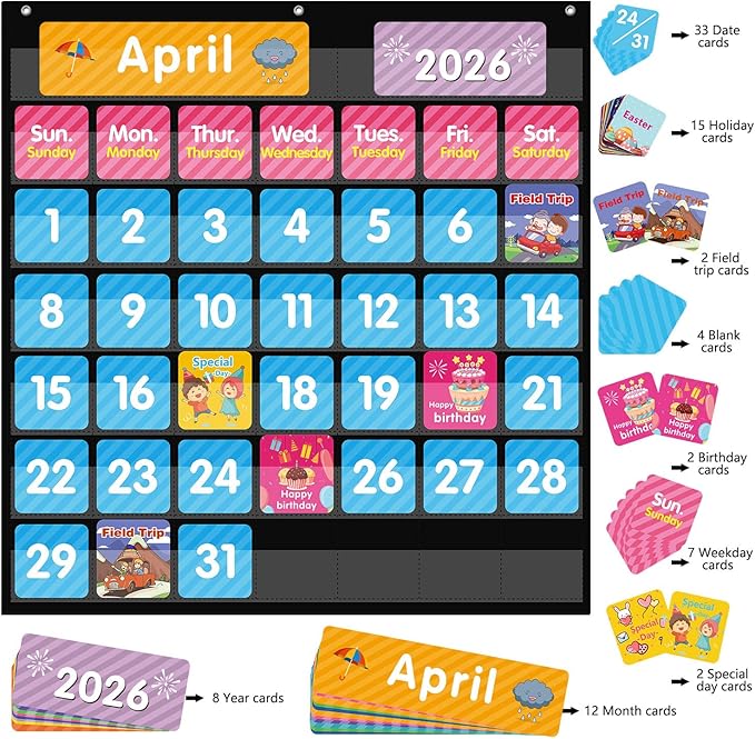REGELETO Large 44 Pockets Calendar Pocket Chart for Classroom with 85 Cards, Size:25” X 24” Monthly Calendar and Weather Black Pocket Chart for Students Learning for Home or School (44 Pockets)