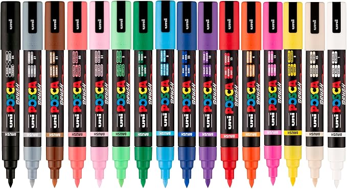 POSCA PC-5BR Water-Based Paint Markers, Reversible Brush Tip (1.0-4.0mm), Assorted Colors, 16 pack