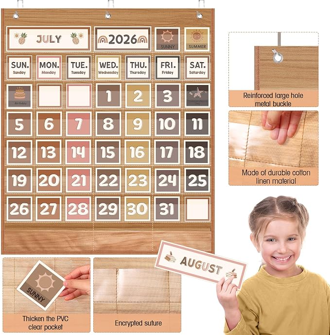 Sinload Classroom Calendar Pocket Chart Set Calendar Bulletin Board Set Seasons Festival Weather Pocket Chart for Classroom Decoration Back to School Supplies(Neutral Boho,Wood Color)