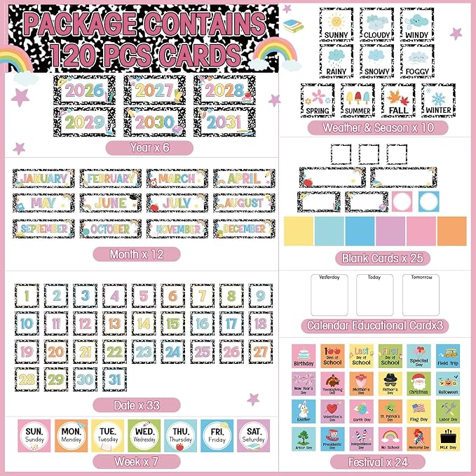Sinload Classroom Calendar Pocket Chart Set Calendar Bulletin Board Set Seasons Festival Weather Pocket Chart for Classroom Decoration Back to School Supplies(Composition,Black)