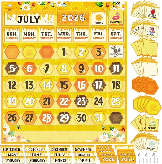 Sinload Classroom Calendar Pocket Chart Set Calendar Bulletin Board Set Seasons Festival Weather Pocket Chart for Classroom Decoration Back to School Supplies(Bee,Yellow)