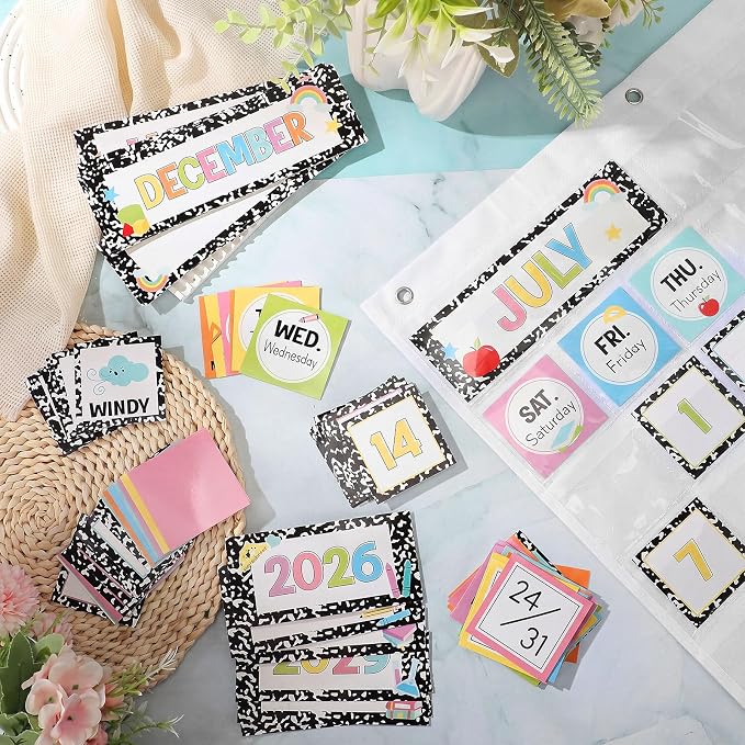 Sinload Classroom Calendar Pocket Chart Set Calendar Bulletin Board Set Seasons Festival Weather Pocket Chart for Classroom Decoration Back to School Supplies(Composition,Black)