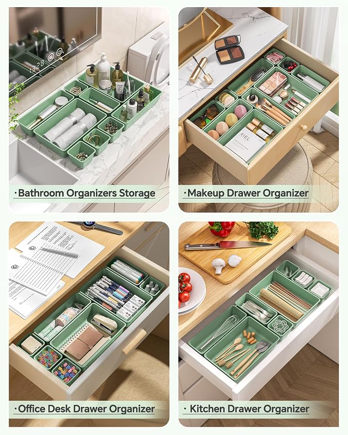 KEMETHY 25 PCS Plastic Drawer Organizers Set, 4 Sizes Vanity Organizer, Makeup and Desk Drawer Organizer Trays, Organization and Storage for Makeup, Bathroom, Kitchen Utensils and Office (Green)